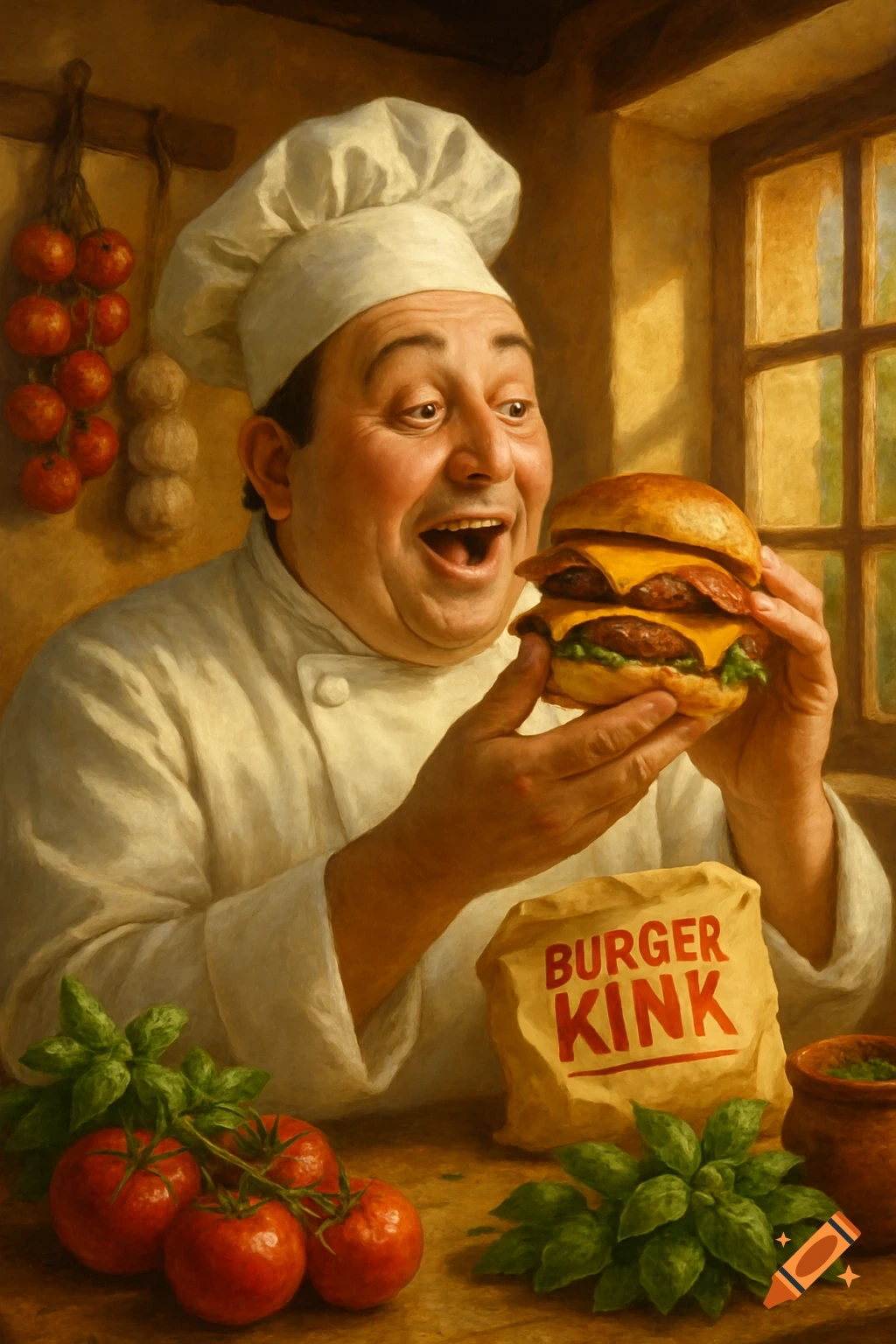 Jovial Italian chef in an oil painting style excitedly holds a double-patty burger from 'Burger Kink' on a rustic table with tomatoes.