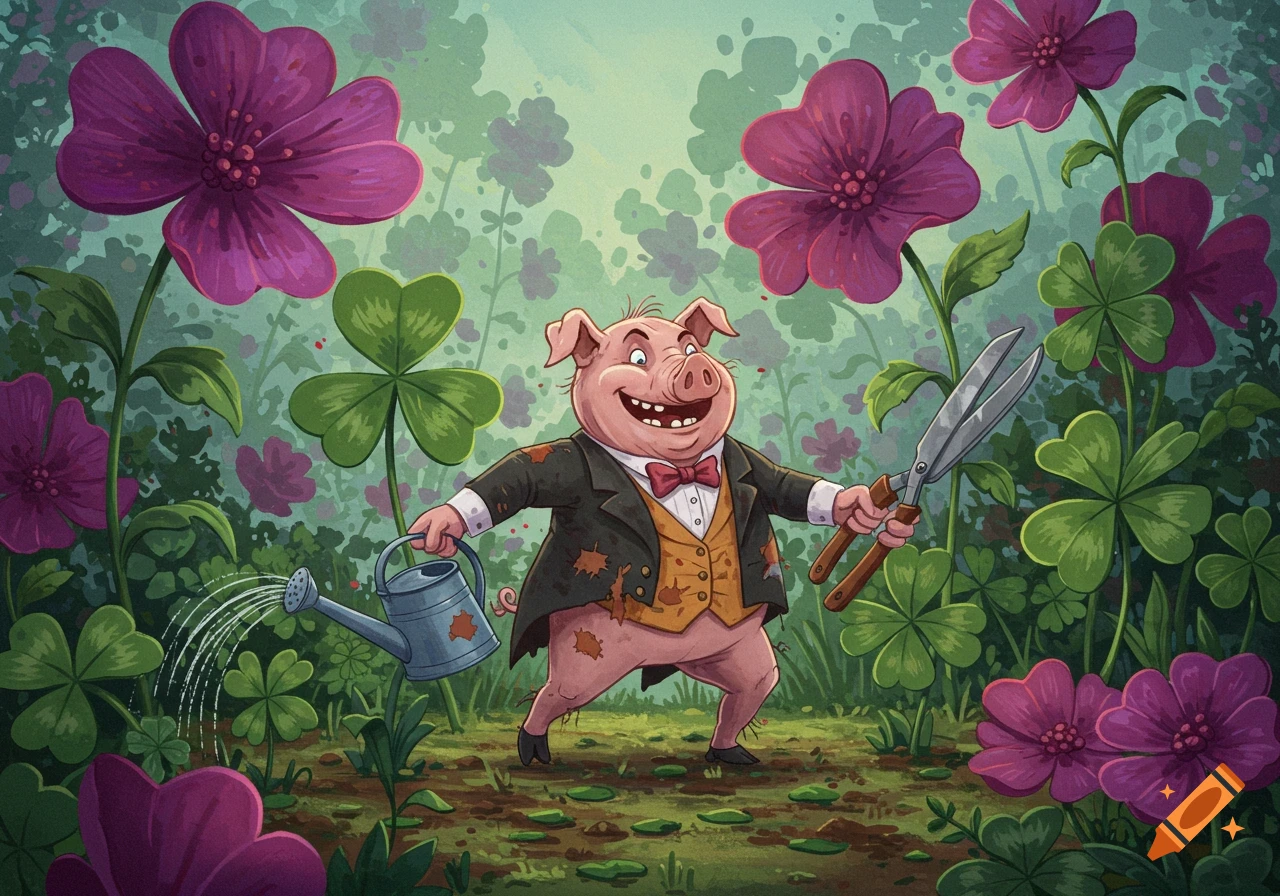 A cartoon pig butler with a manic grin, wearing a rumpled suit, waters a whimsical garden with oversized purple flowers and giant four-leaf clovers, holding shears.