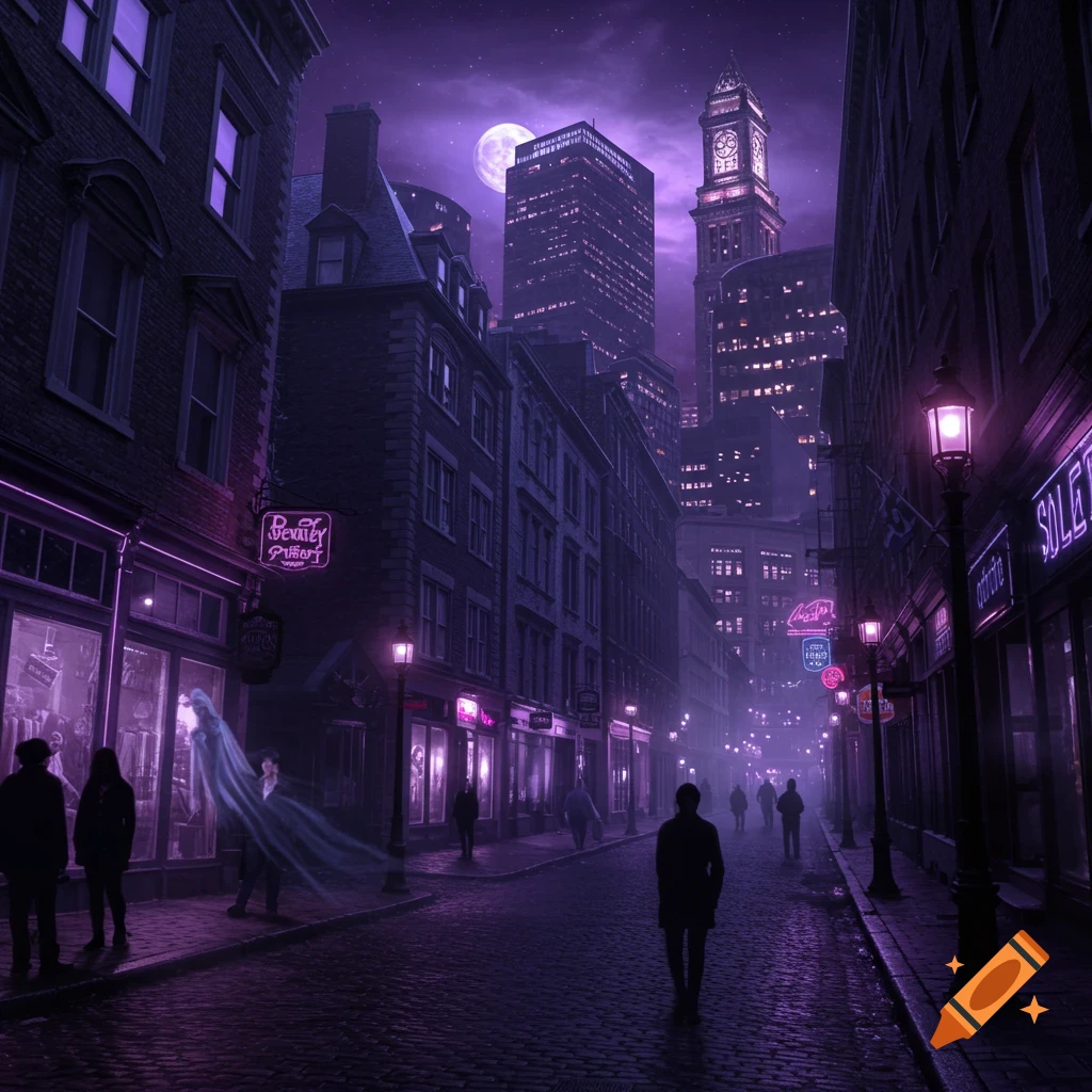 Dark purple-toned cityscape at night with a full moon, tall buildings, glowing streetlights, and ghostly figures on a cobblestone street.