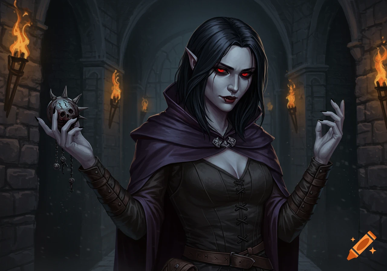 A pale, dark-haired vampire-like woman with red eyes and a cruel smirk holds a spiked skull in a dark stone dungeon lit by torches. Fantasy art.