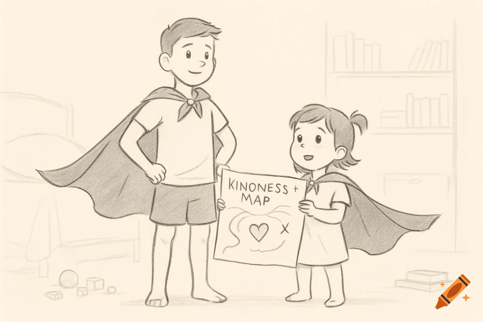 A boy and girl wearing capes stand in a bedroom holding a hand-drawn map labeled 'KINONESS + MAP' in a loose sketch style.
