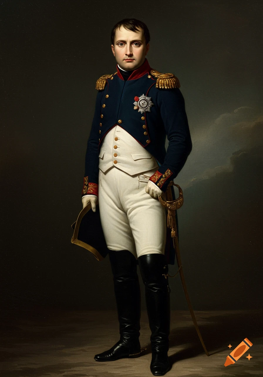 Full-length portrait painting of Napoleon Bonaparte in a dark blue military uniform with gold trim, white breeches, and black boots.