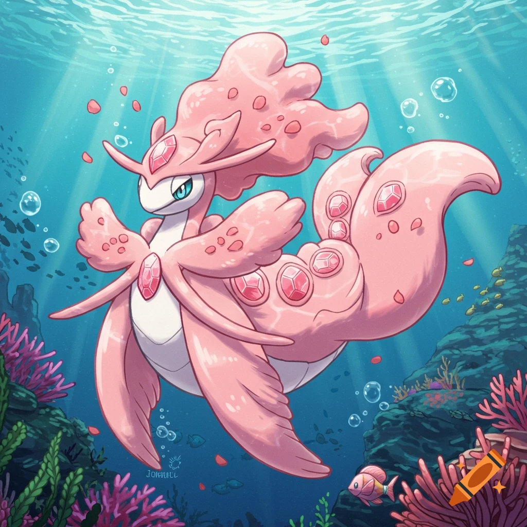A vibrant illustration of a pink, fish-like fantasy creature with jewels, swimming in a blue ocean with coral reefs and small fish.