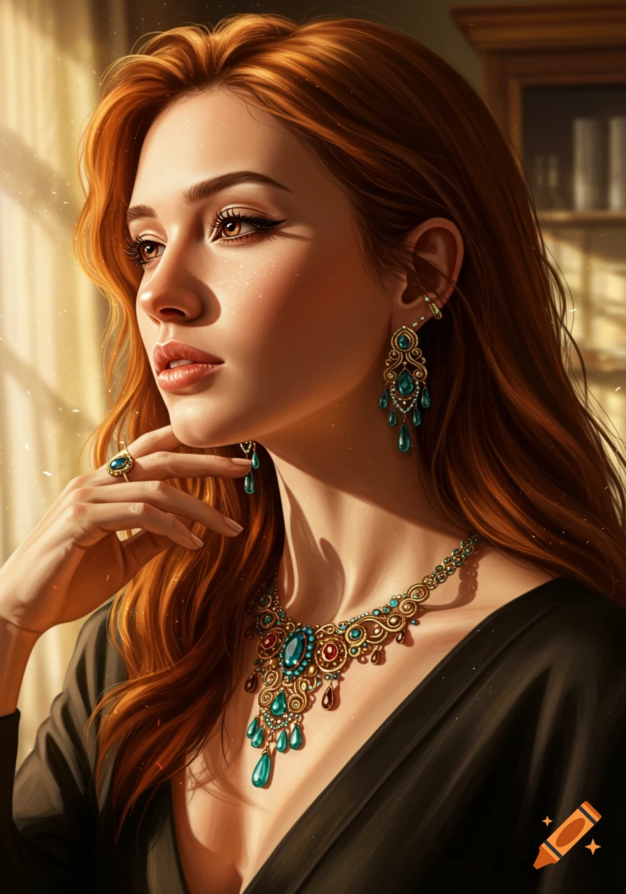 Close-up portrait of a red-haired woman wearing ornate turquoise and gold jewelry, bathed in warm light.