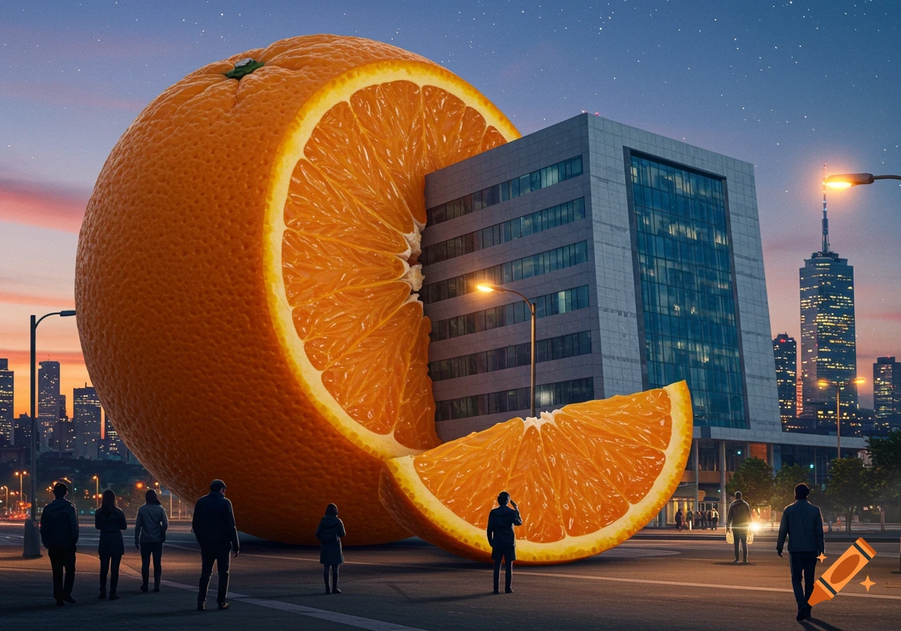 A massive, sliced orange with a building embedded in it stands on a city street at dusk, surrounded by people.
