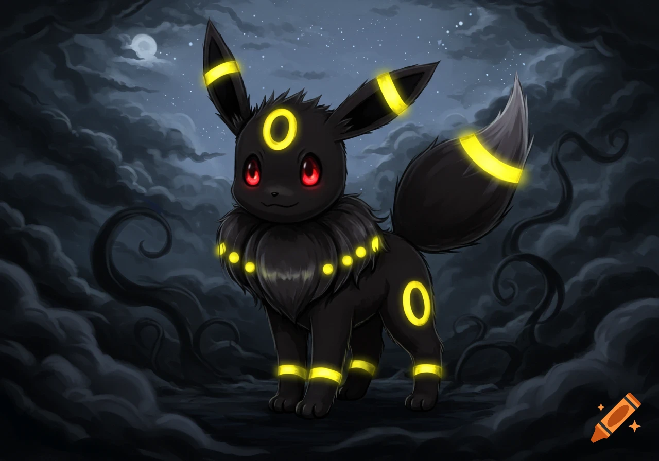 A black Umbreon with glowing yellow rings and red eyes stands in a dark, cloudy, moonlit landscape.