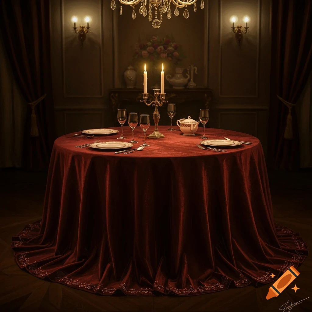 A dark and elegant dining room features a round table draped in a luxurious red velvet tablecloth, set with plates, glasses, and a candelabra with lit candles.
