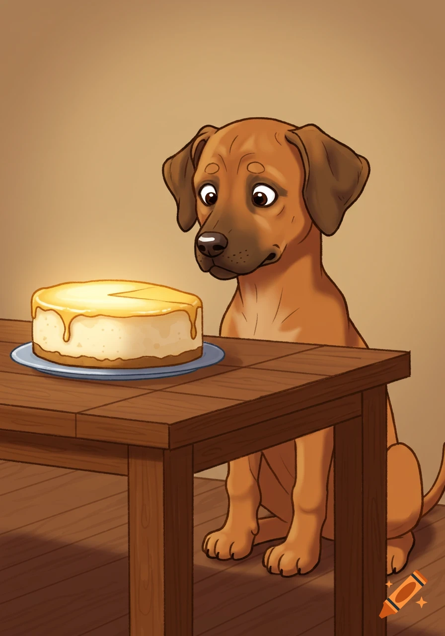 A cartoon Rhodesian Ridgeback dog sits at a brown wooden table, staring longingly at a large cheesecake.
