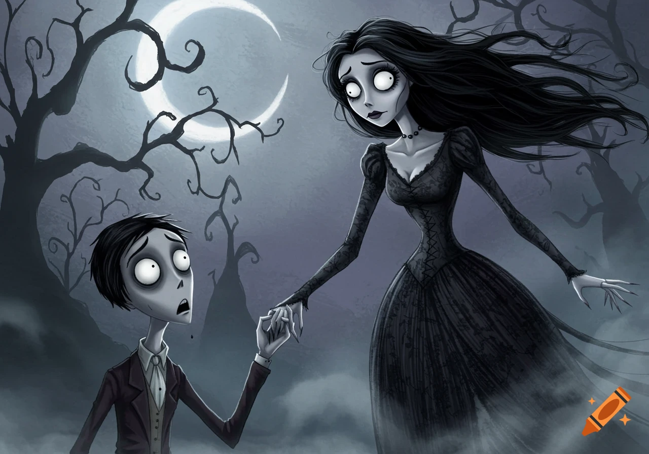 Two pale, big-eyed characters in Tim Burton style, holding hands under a crescent moon in a dark, misty forest.