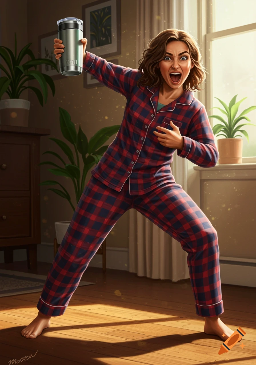 An energetic woman in red and blue plaid pajamas dramatically holds up a Yeti tumbler like a weapon, indoors.
