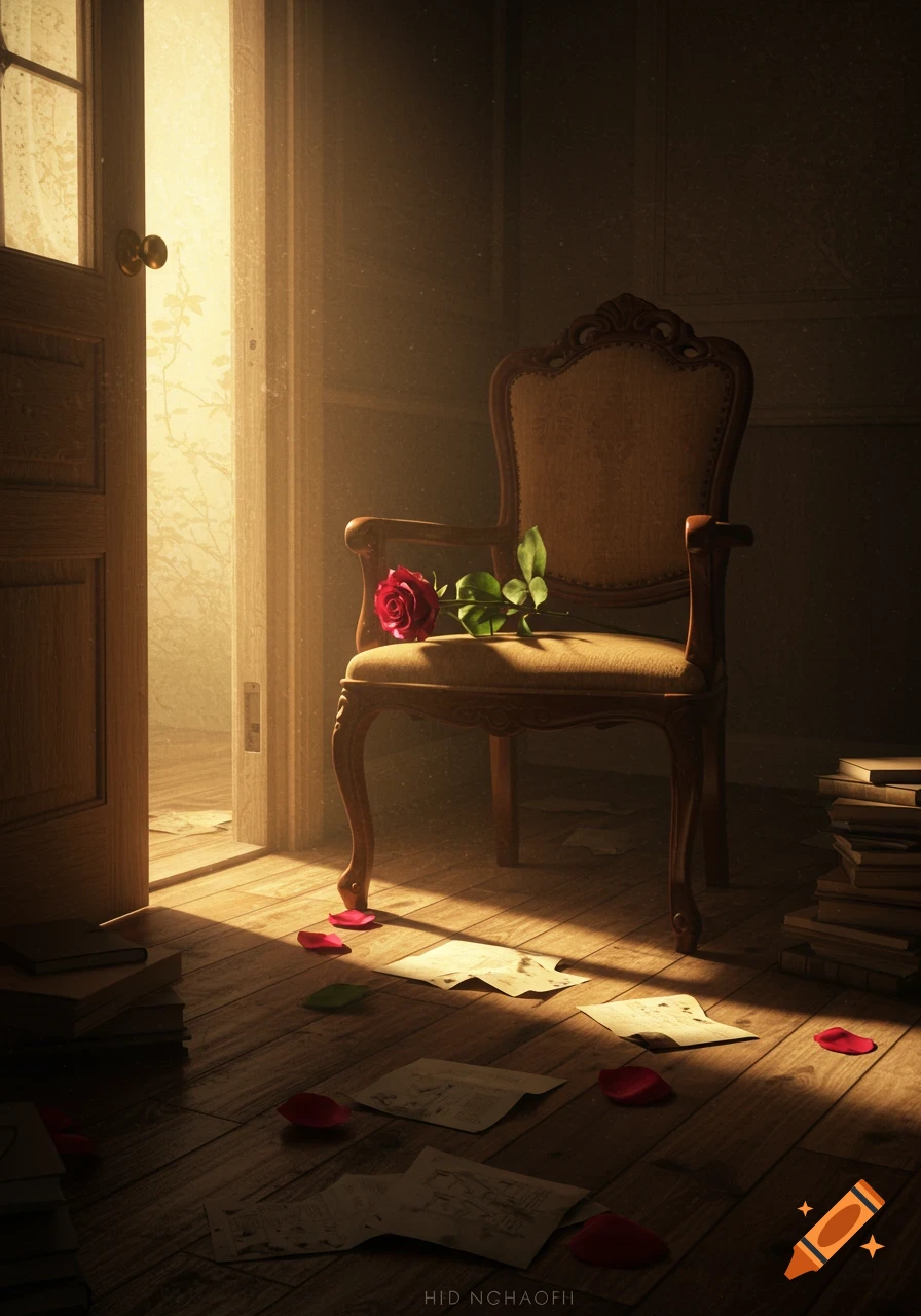 An old room with a red rose on a vintage chair. Sunlight streams through an open door, illuminating scattered papers and books on the wooden floor.