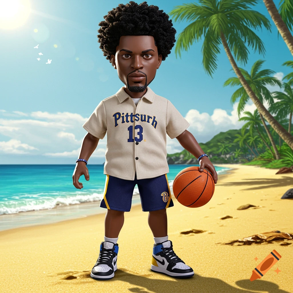 An African American action figure with curly hair, wearing a beige shirt with 'Pittsurh 13', blue shorts, and sneakers, holds a basketball on a sunny beach with palm trees and ocean.