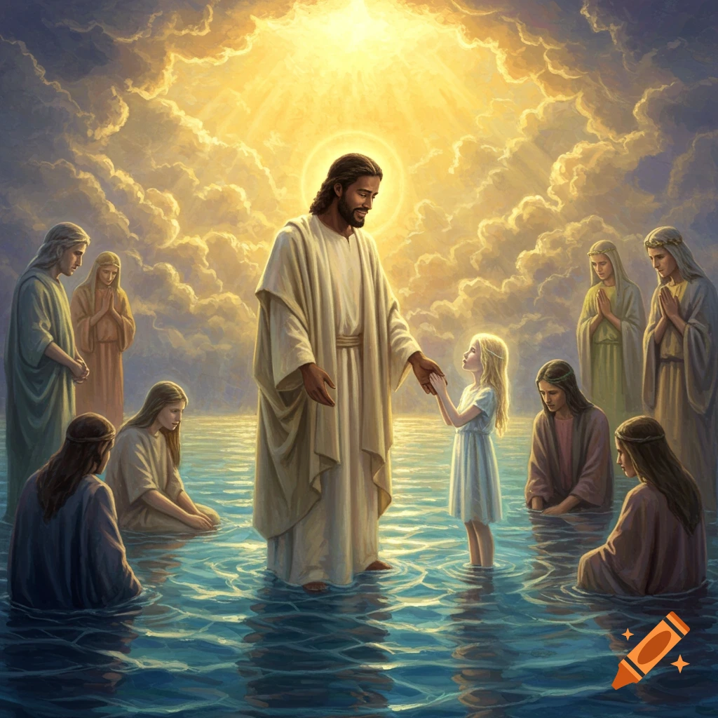 Jesus with dark hair and a beard stands in water, holding hands with a young girl. Several other people are partially submerged in the water, looking on. Bright light shines from the sky above.