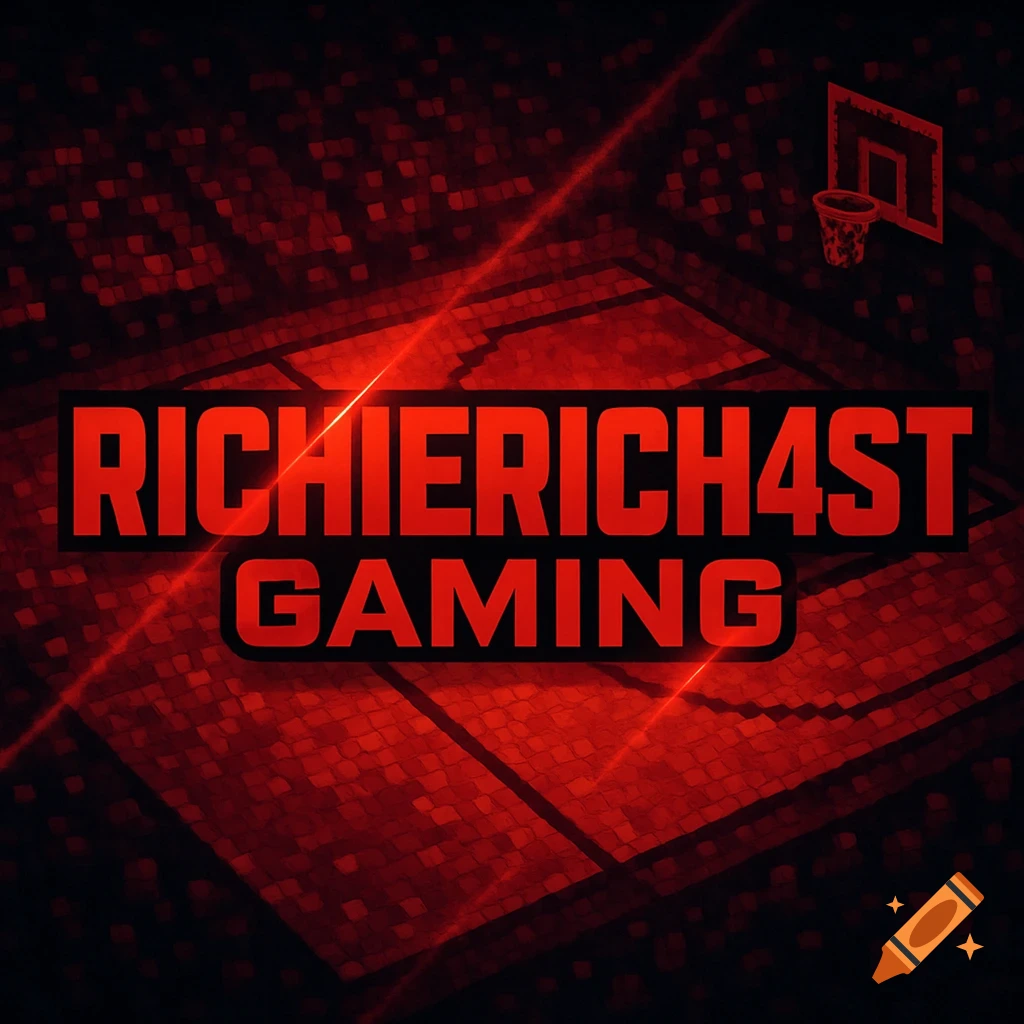 A red and black gaming logo with 'RICHIERICH4ST GAMING' text over a pixelated basketball court background.