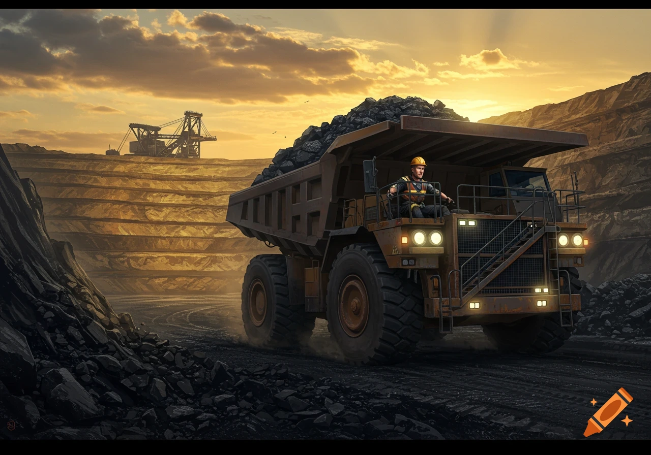 A large haul truck, loaded with coal, driven by a man in a hard hat, moves through an open-pit mine at sunset. Photorealistic.