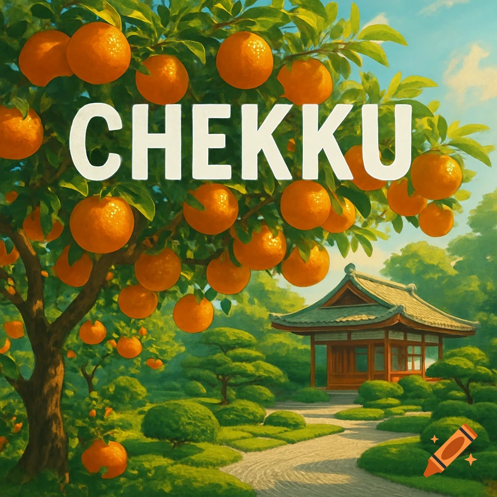 A vibrant orange tree filled with ripe fruit in a Japanese garden, with a traditional Japanese building and the word 'CHEKKU'.