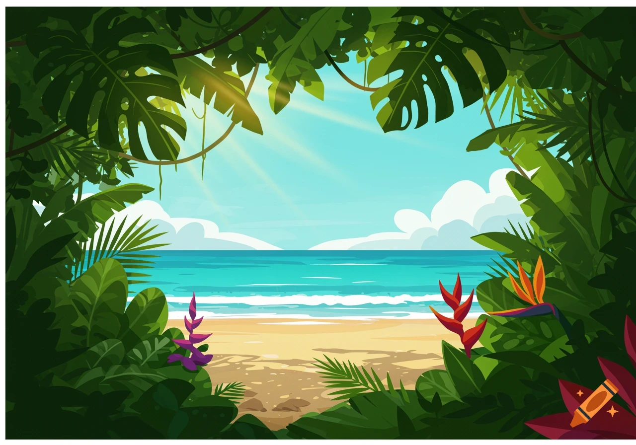 A vibrant tropical beach scene viewed through dense jungle foliage, with large green leaves framing a sunny blue sky, turquoise ocean, and sandy beach.