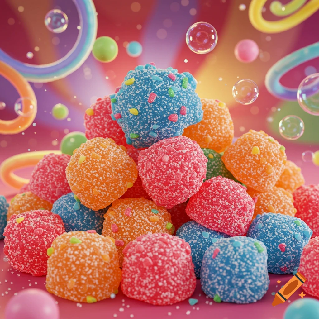 A vibrant, close-up shot of a large pile of colorful, sugar-coated gummy candies, primarily red, orange, and blue, against a blurred, swirling background of pinks, purples, and yellows with floating bubbles and rings.