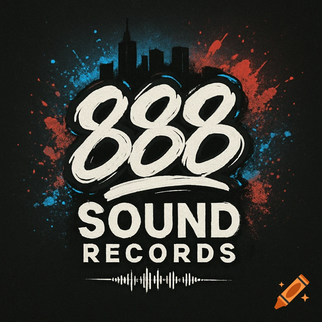 A logo for 888 Sound Records, featuring white text '888 SOUND RECORDS' with a city skyline and blue and red paint splatters on a dark background.