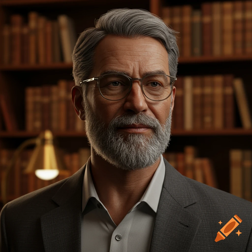Photorealistic portrait of a middle-aged man with grey hair and beard, wearing glasses, in a library.