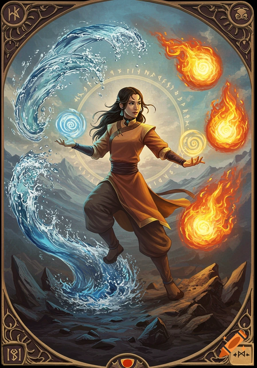 An illustration of Avatar Yangchen in an MTG card frame, bending water and fire elements, against a mountainous backdrop.