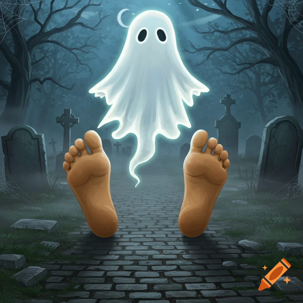 A glowing white ghost floats above two giant human feet on a cobblestone path in a spooky graveyard at night.