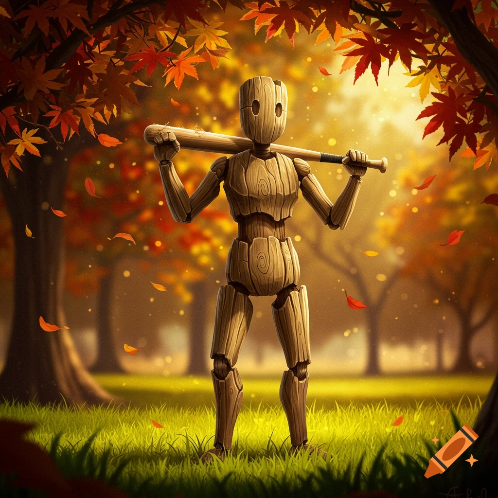 A detailed stylized wooden figure stands in an autumn forest, holding a baseball bat over its shoulders.