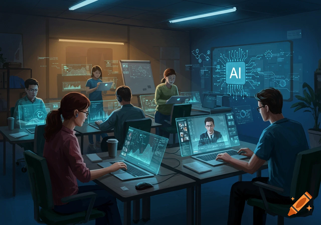 People in a futuristic classroom with glowing screens and AI displays.