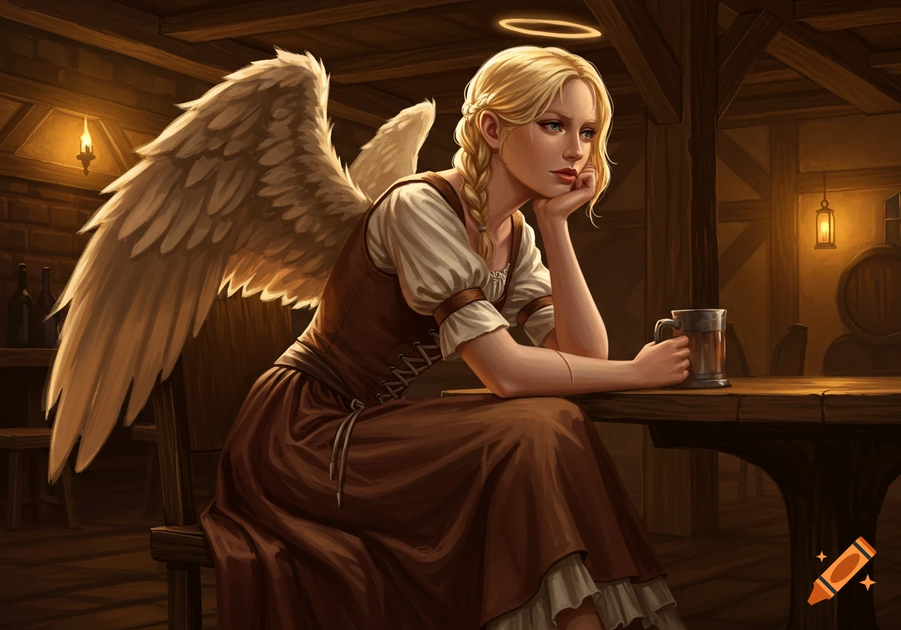 A blonde angelic woman with wings in a brown dress sits thoughtfully at a table in a warm, dimly lit tavern, holding a mug. Digital art style.