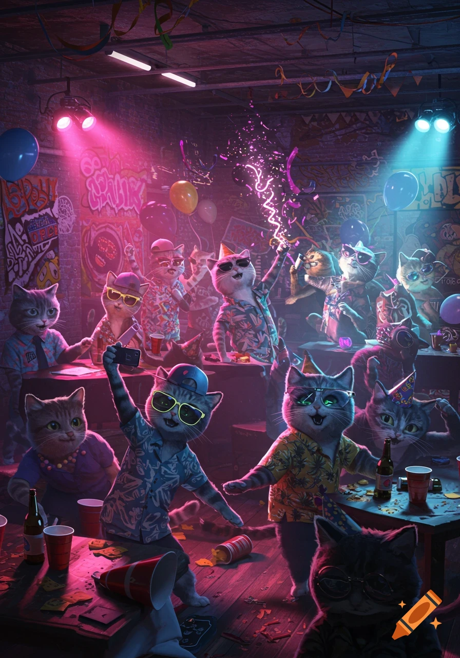 A group of anthropomorphic cats wearing sunglasses and party attire dance and socialize at a vibrant, neon-lit college frat party.