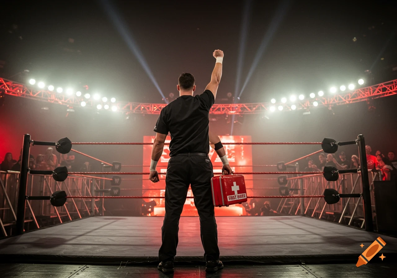 A person in black clothing stands with a raised fist and holds a red first aid kit in a wrestling ring under bright lights.