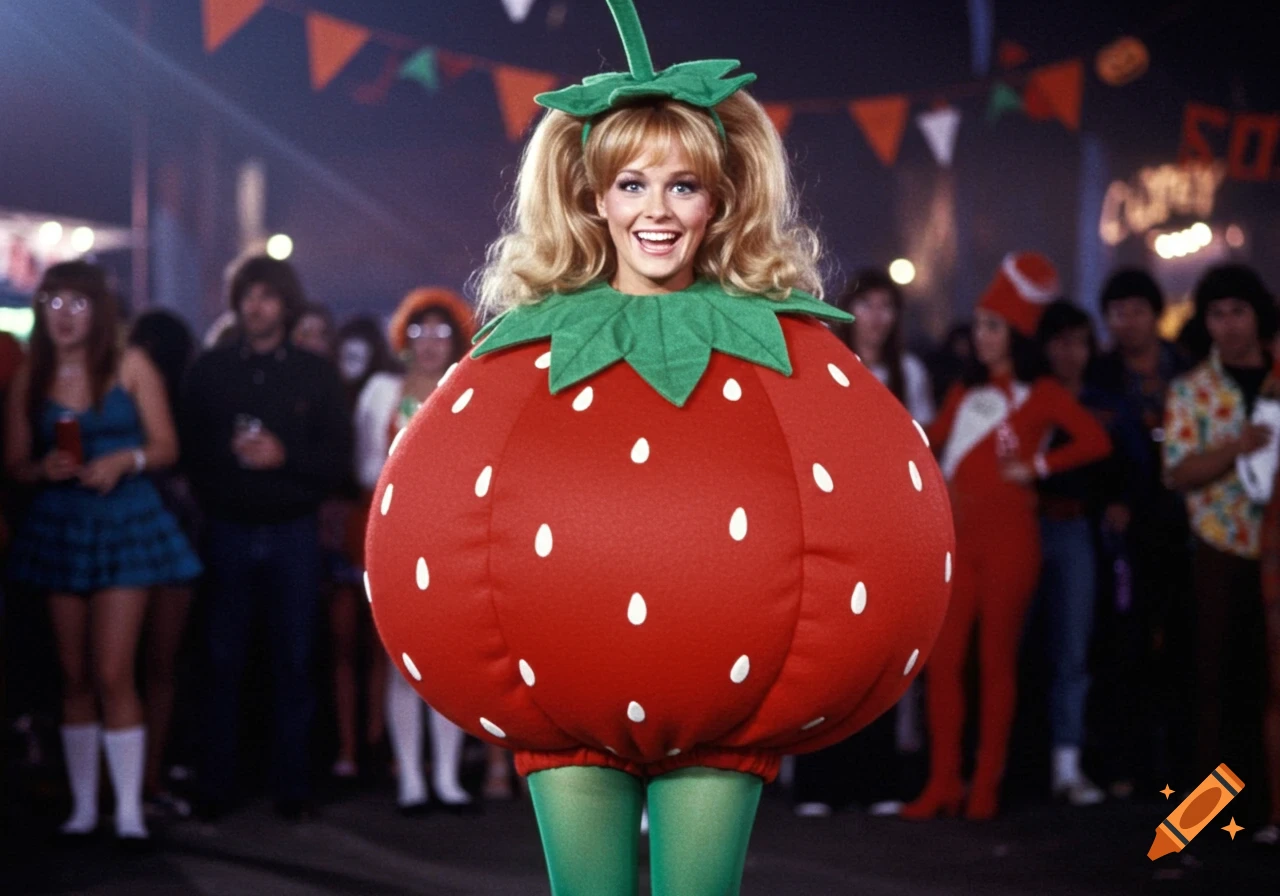 Smiling woman in a large red strawberry costume with green tights at a crowded 1980s Halloween party.