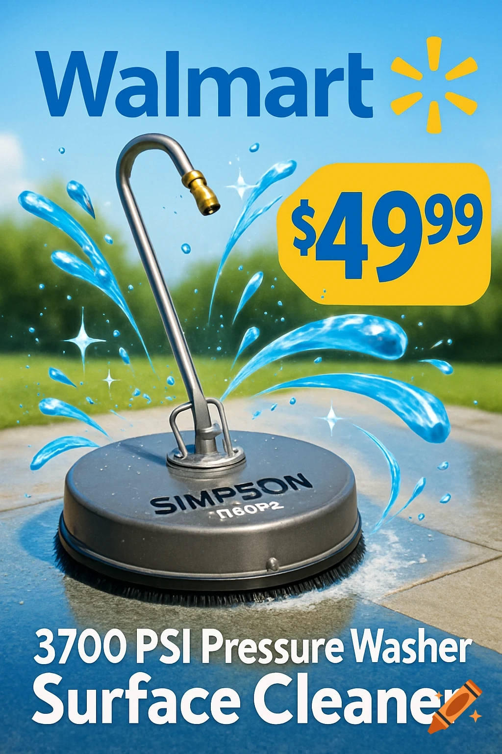 Photorealistic Walmart ad for a Simpson 3700 PSI Pressure Washer Surface Cleaner for $49.99, with water splashing on a patio.