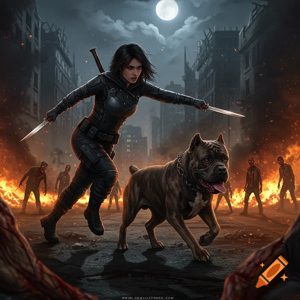 A female assassin and a Cane Corso dog battle zombies in a burning, ruined city under a full moon, digital painting.