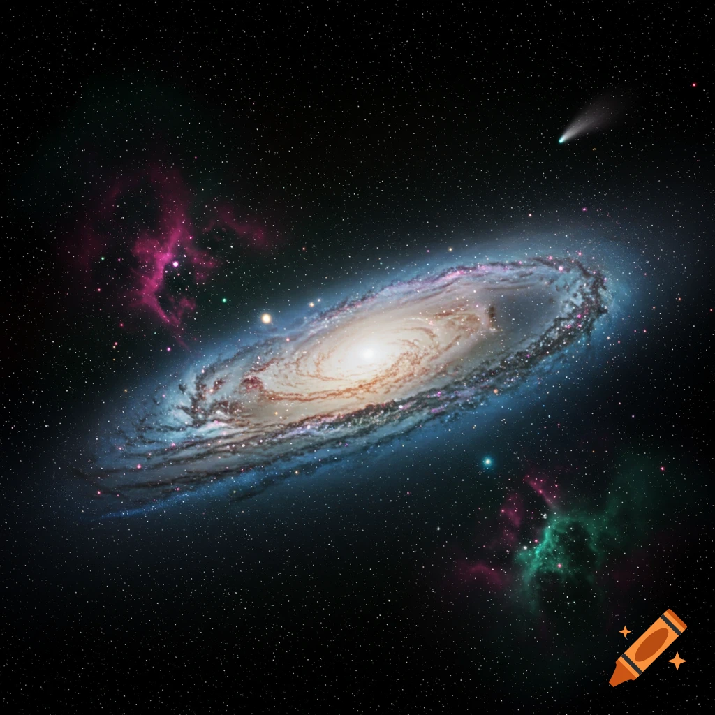 A vibrant spiral galaxy with blue, white, and orange hues, surrounded by stars and pink and green nebulae, with a faint comet trailing in the upper right.