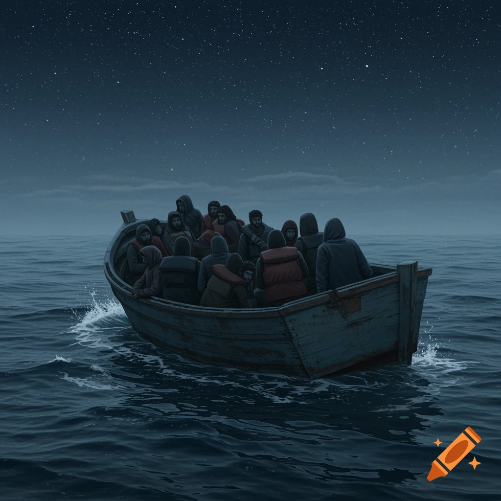 A small, crowded wooden boat with many people on a dark, starry sea at night, appearing like a painting.
