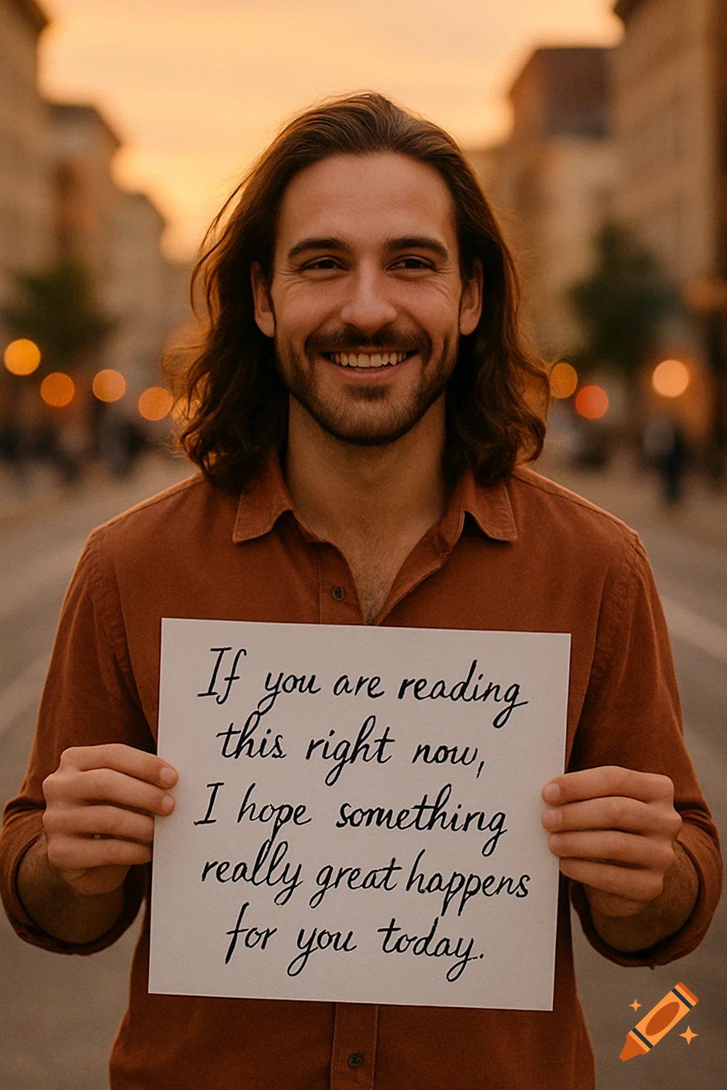 A smiling man with long hair and a beard holds a sign with an uplifting message, standing outdoors at sunset.