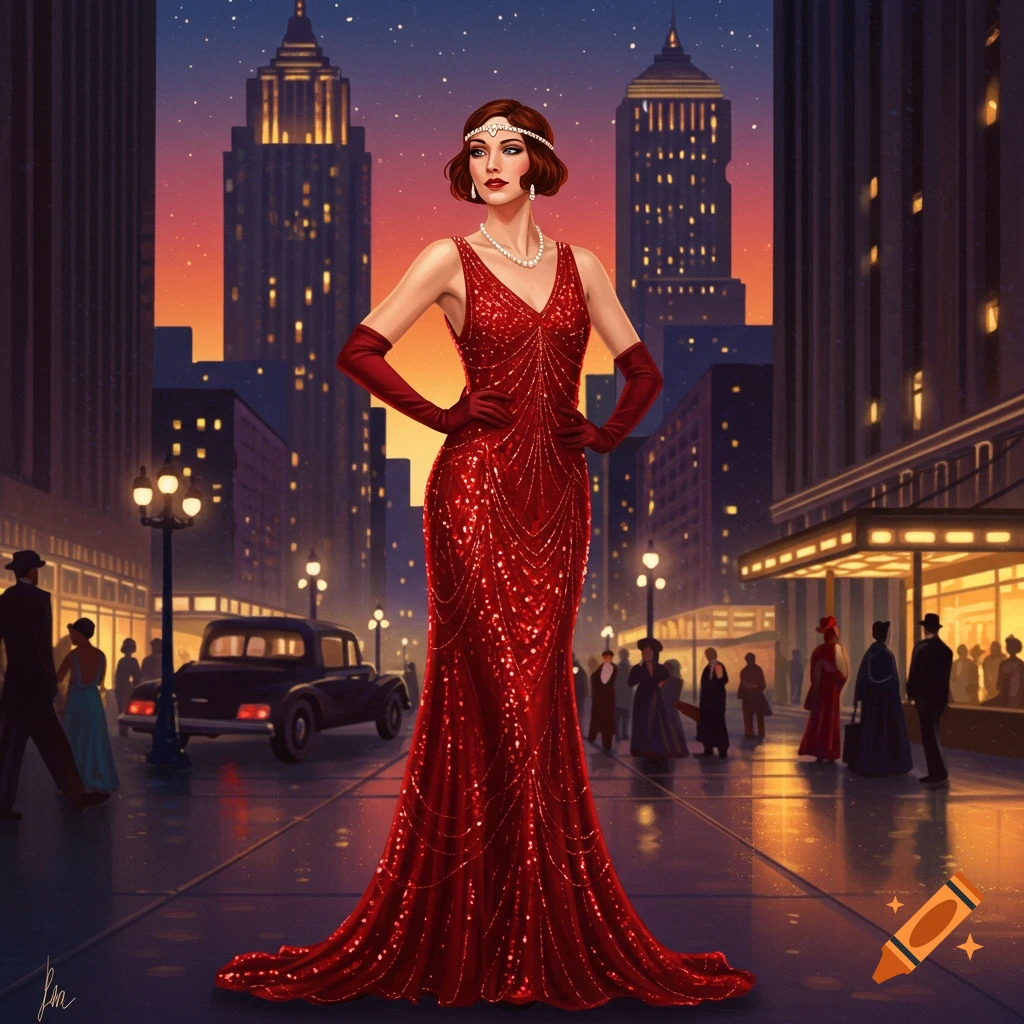 A woman in a sparkling red sequin gown and gloves stands on a city street at dusk, surrounded by tall buildings and period cars, in a 1930s style.