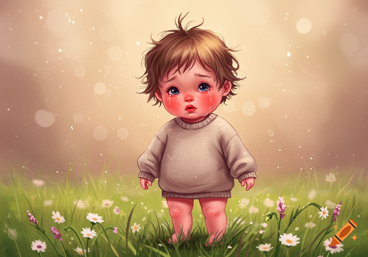 A stylized illustration of a crying baby with messy brown hair and red cheeks, standing in a field of green grass and white flowers.