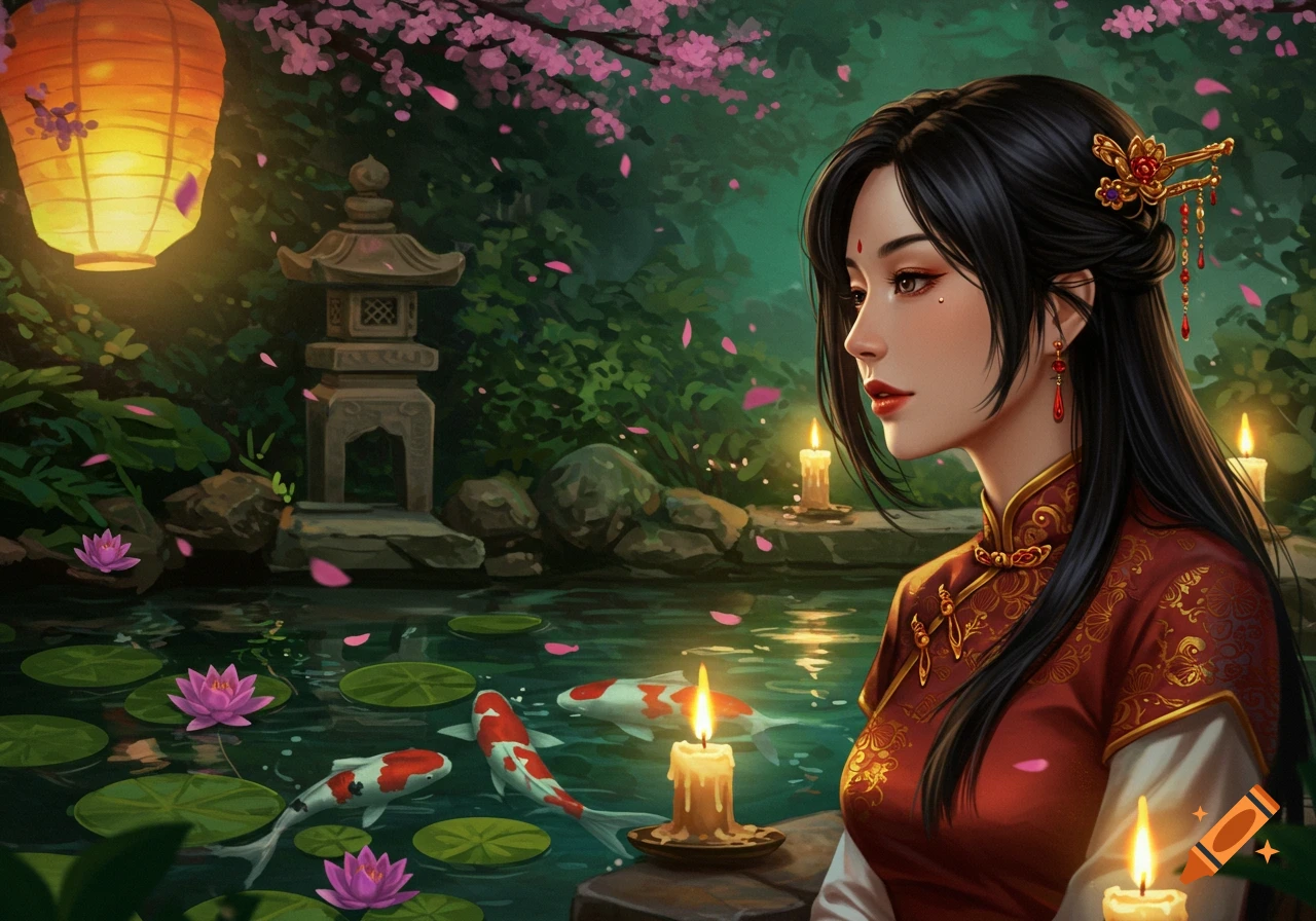 A beautiful Asian woman in traditional attire looking sideways in a serene Japanese garden with koi fish, lotus flowers, and lanterns.