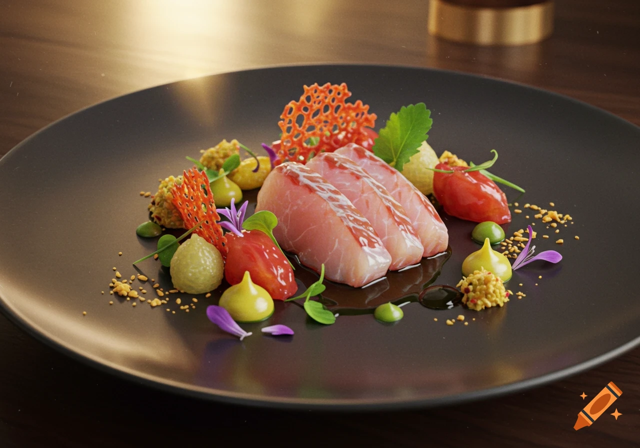 Gourmet raw fish dish with colorful sauces and edible decorations on a dark plate.