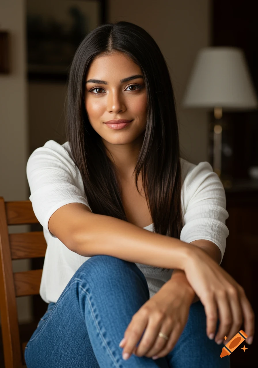 A woman with long dark hair, wearing a white blouse and blue jeans, sits smiling in a warm room.
