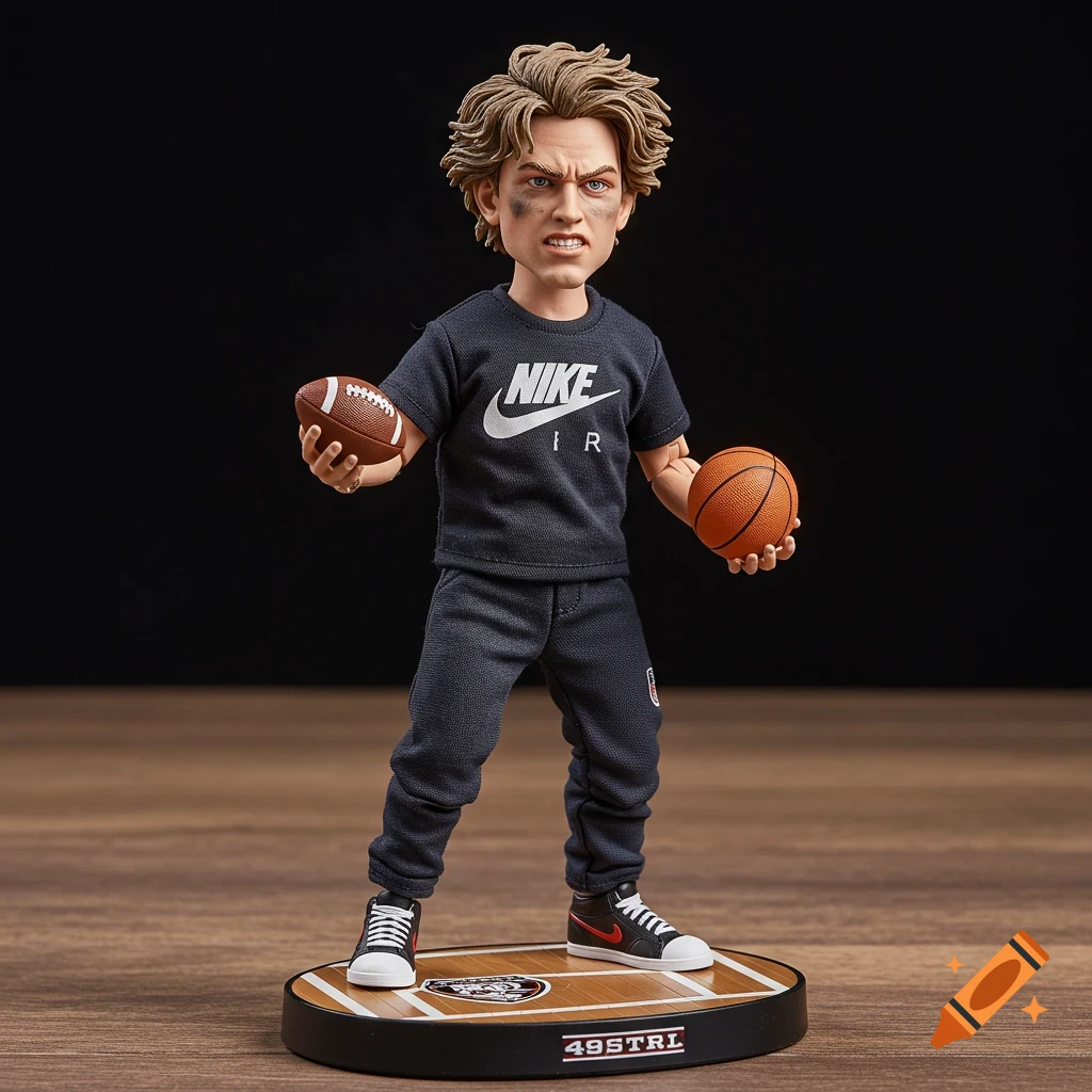 Photorealistic action figure of a male athlete holding a football and basketball, wearing a dark gray Nike t-shirt, standing on a sports court base.