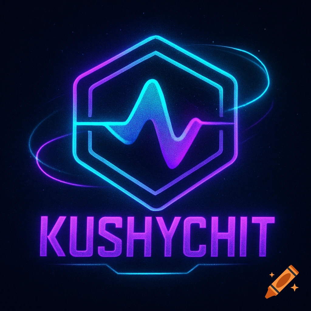 A neon-style logo with a purple and blue gradient hexagon shape containing a wavy line, above the text 'KUSHYCHIT'.