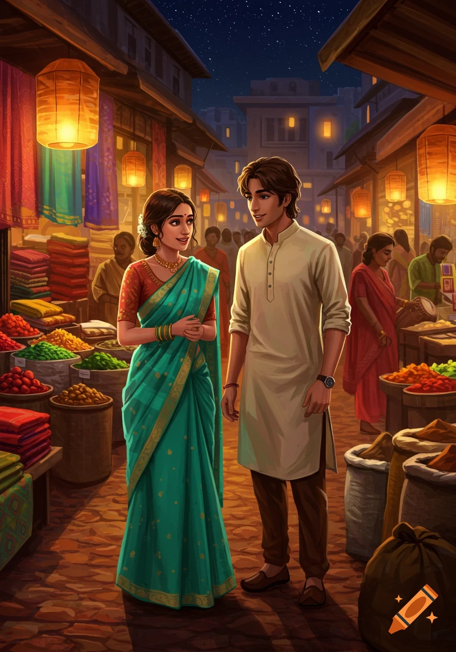 Stylized illustration of a young couple in traditional Indian attire walking through a vibrant night market lit by lanterns.