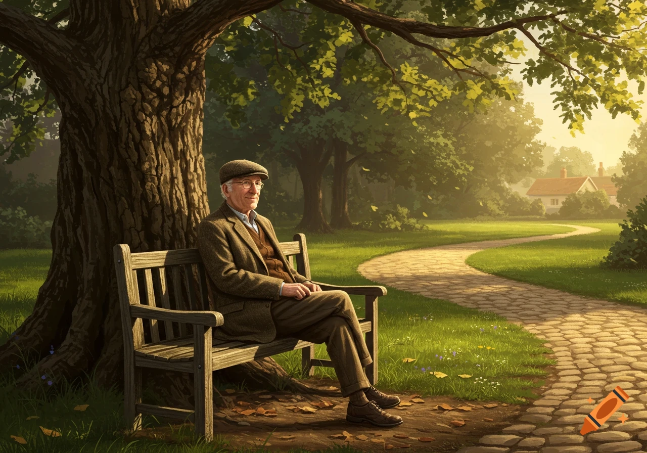 An old man in a tweed suit and cap sits on a wooden bench under a large tree in a sunny park with a winding cobblestone path.