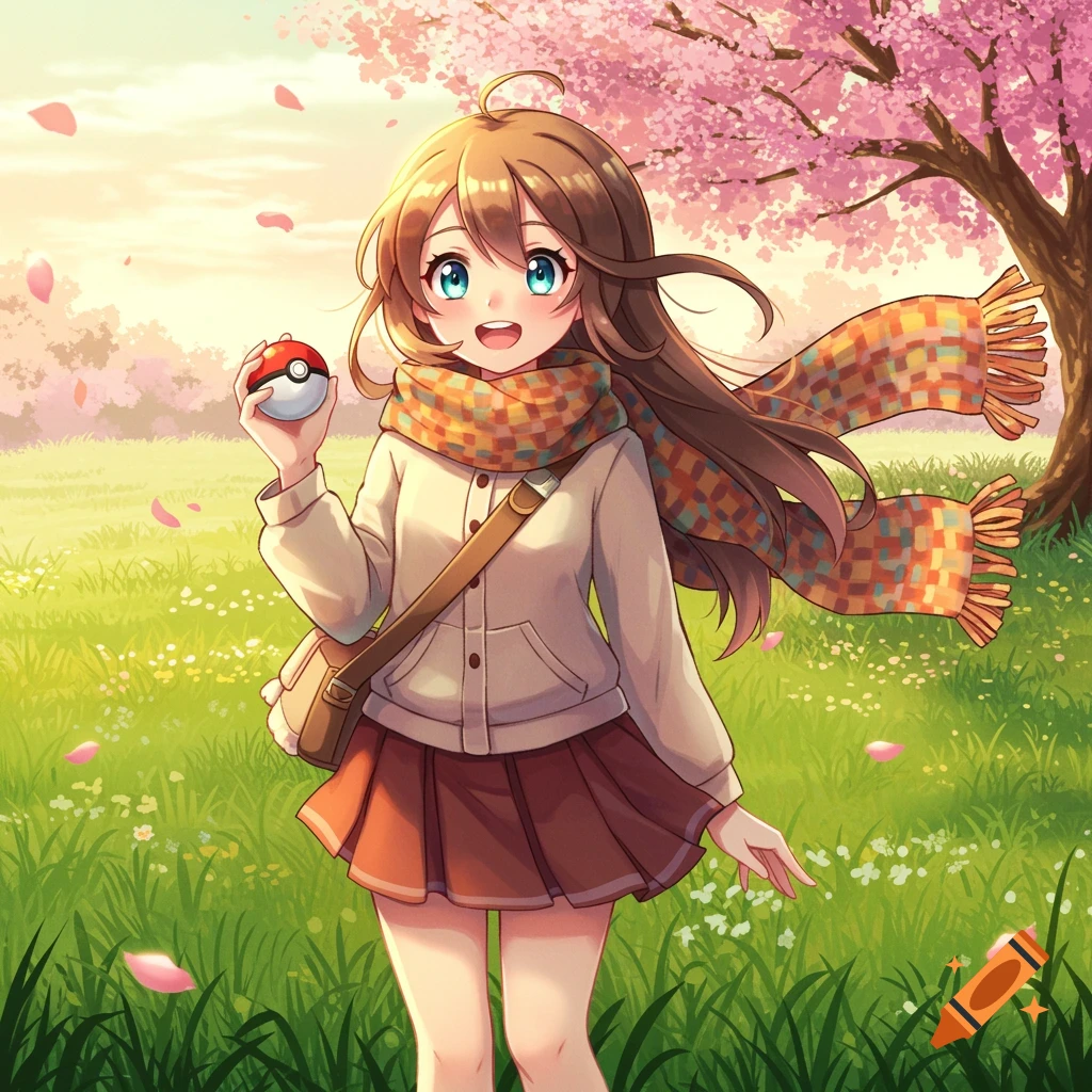 Anime girl with a scarf holding a Pokeball in a field with cherry blossoms.