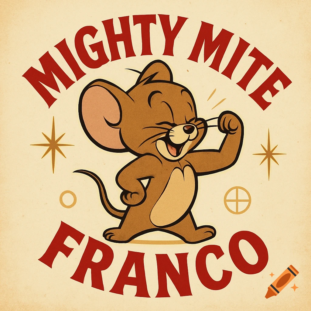 A vintage-style logo featuring Jerry the mouse from Tom and Jerry flexing his arm, with the words 'Mighty Mite' arched above and 'Franco' below.