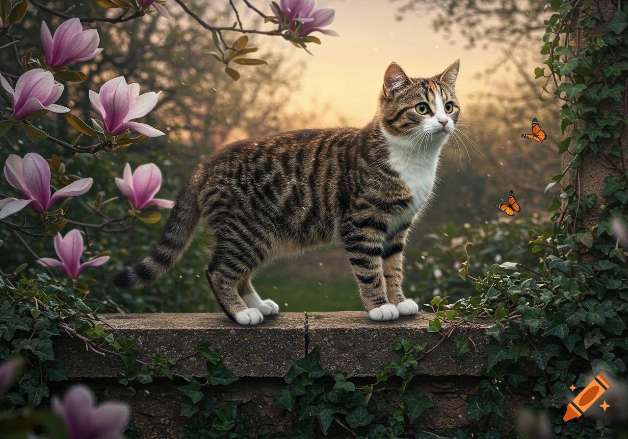 A tabby cat stands on a stone wall, looking up at two butterflies. Pink magnolia flowers and green ivy frame the photorealistic scene.
