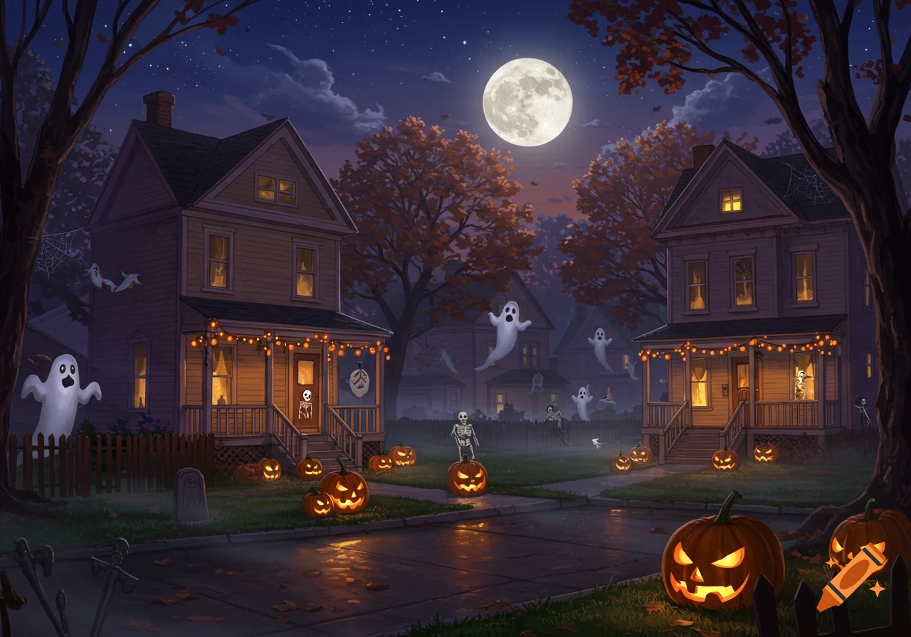 Illustrated Halloween night in a neighborhood, with houses decorated with glowing jack-o'-lanterns, ghosts, and skeletons under a full moon.